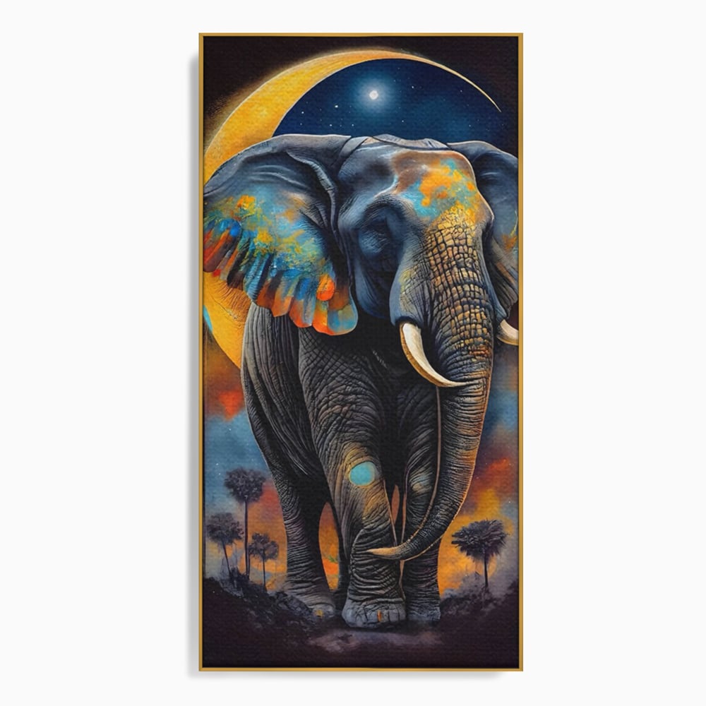 Tablou canvas cu tablou canvas cu elefant colorat si luna, in rama de aluminiu auriu
